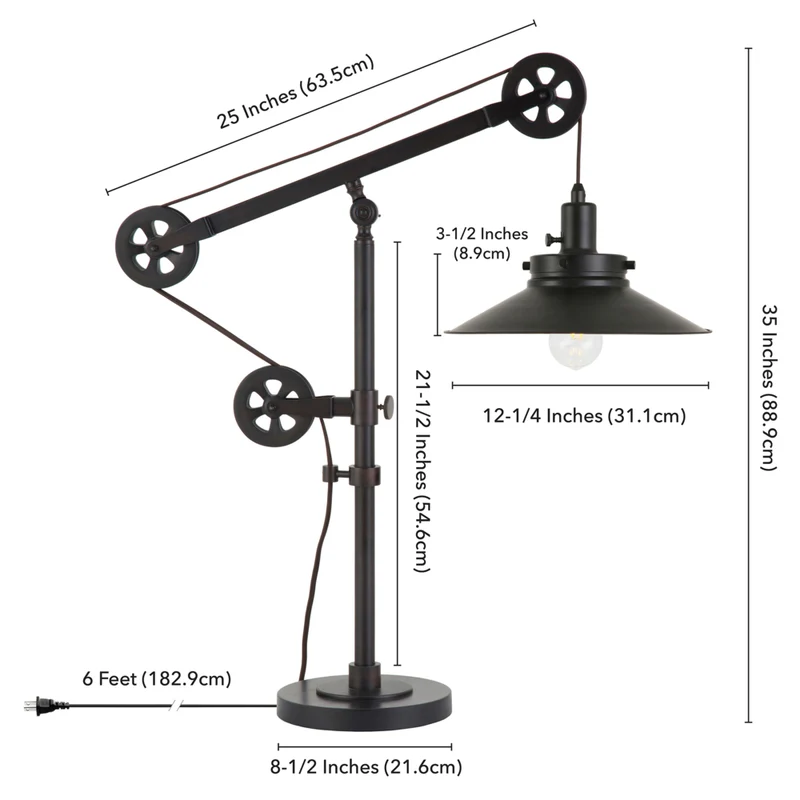 Hudson&Canal - Lampe de table Descartes de 74 cm de haut avec système à poulie et rebord large, avec abat-jour en métal - Bronze noirci/Bronze noirci