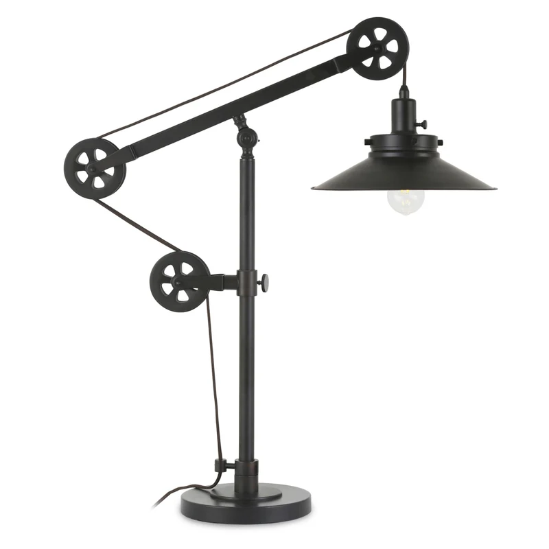Hudson&Canal Descartes 29" Tall Wide Brim/Pulley System Table Lamp with Metal Shade - Blackened Bronze/Blackened Bronze