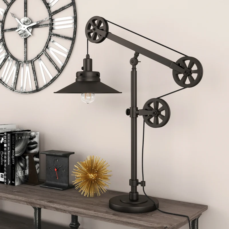 Hudson&Canal Descartes 29" Tall Wide Brim/Pulley System Table Lamp with Metal Shade - Blackened Bronze/Blackened Bronze
