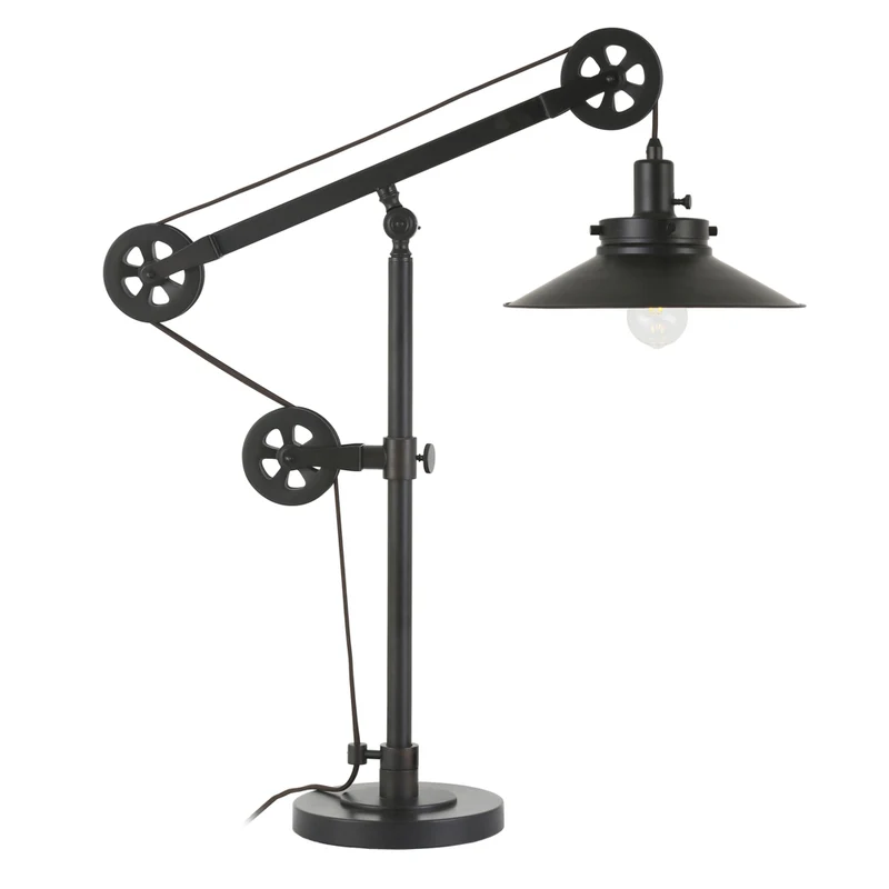 Hudson&Canal Descartes 29" Tall Wide Brim/Pulley System Table Lamp with Metal Shade - Blackened Bronze/Blackened Bronze