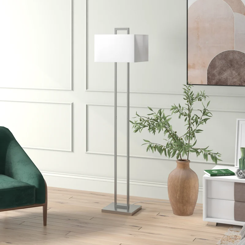 Hudson&Canal - Lampadaire Adair de 172 cm de haut avec abat-jour en tissu - Nickel brossé/blanc