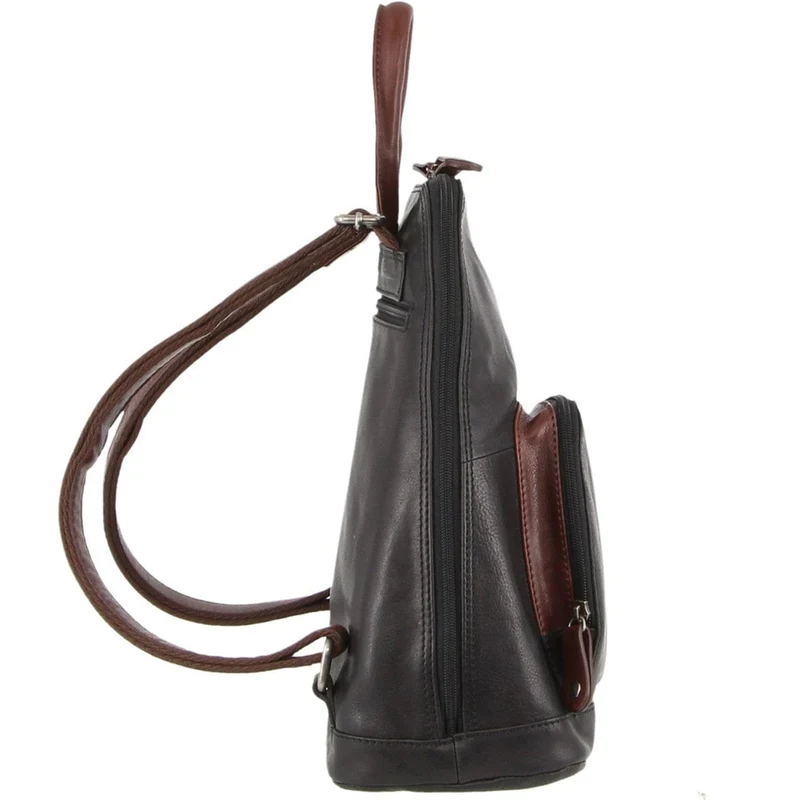 Milleni Women's Leather Twin Zip Travel Backpack Bag 24x32cm Black Chestnut
