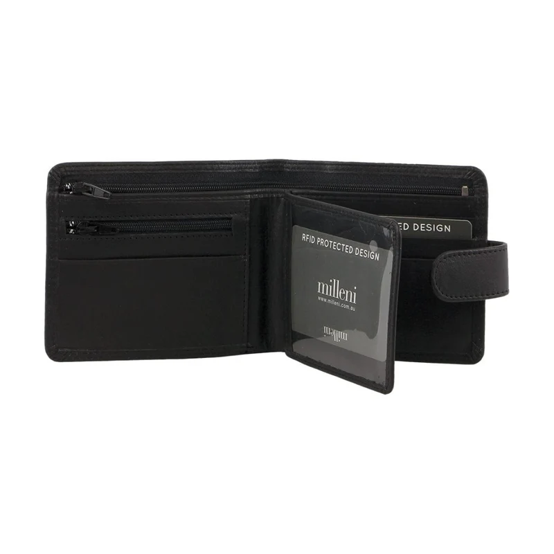 Milleni Men's Leather Tab Cash/Card Zone Protected RFID Wallet 11.5cm Black