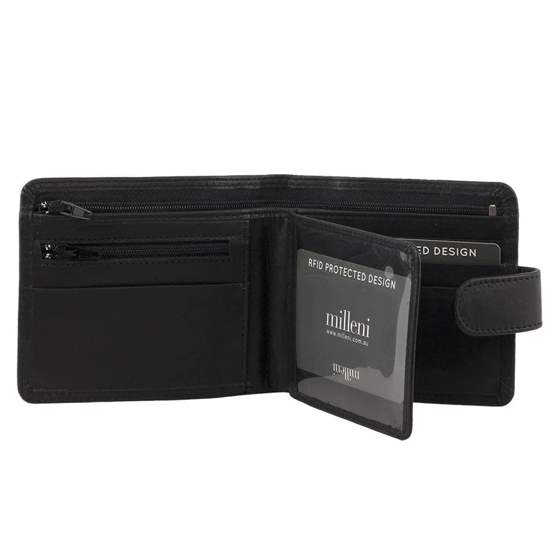 Milleni Men's Leather Tab Cash/Card Zone Protected RFID Wallet 11.5cm Black
