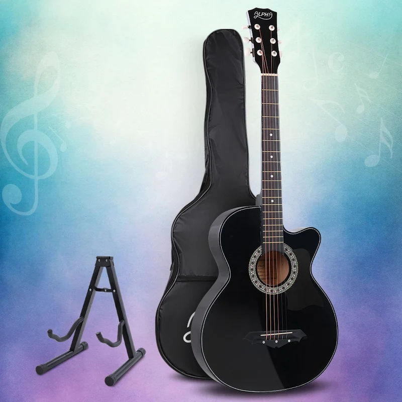 Alpha 38" Acoustic Guitar Wooden Body Steel String Full Size with Stand Black
