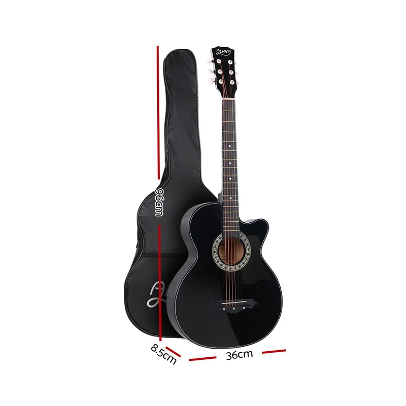 Alpha 38" Acoustic Guitar Wooden Body Steel String Full Size with Stand Black