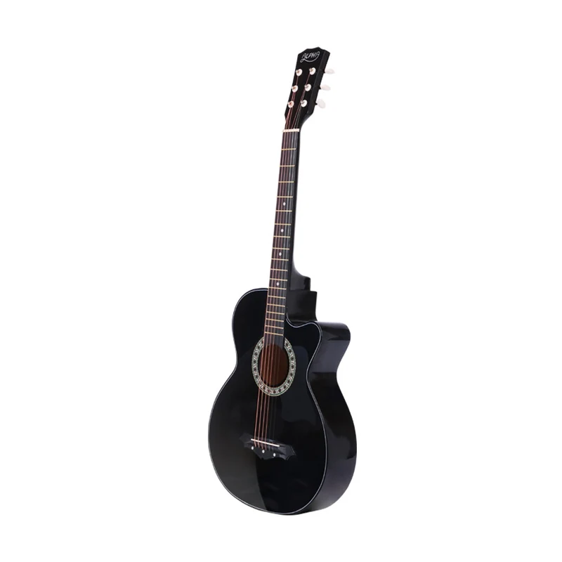 Alpha 38" Acoustic Guitar Wooden Body Steel String Full Size with Stand Black