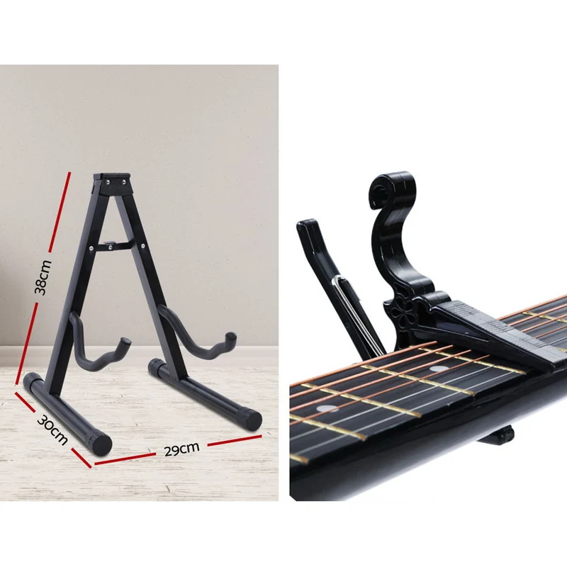 Alpha 38" Acoustic Guitar Wooden Body Steel String Full Size with Stand Black