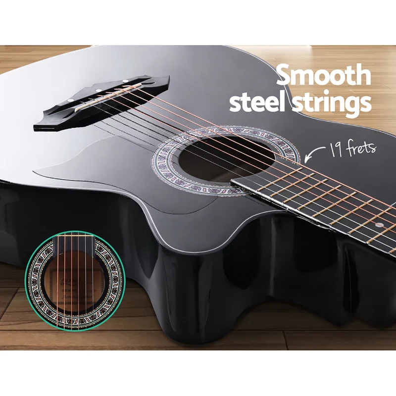 Alpha 38" Acoustic Guitar Wooden Body Steel String Full Size with Stand Black