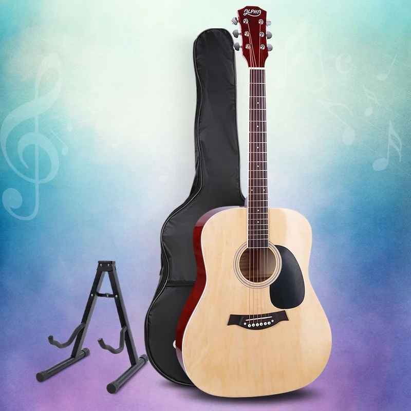 Alpha 41" Acoustic Guitar Wooden Body Steel String Dreadnought Stand Wood