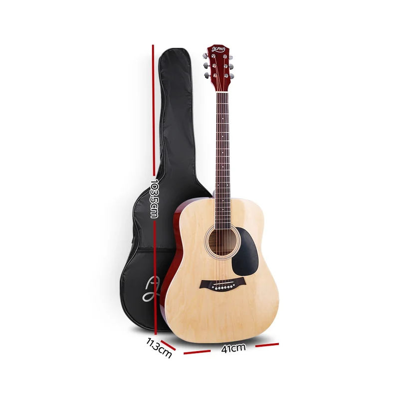 Alpha 41" Acoustic Guitar Wooden Body Steel String Dreadnought Stand Wood