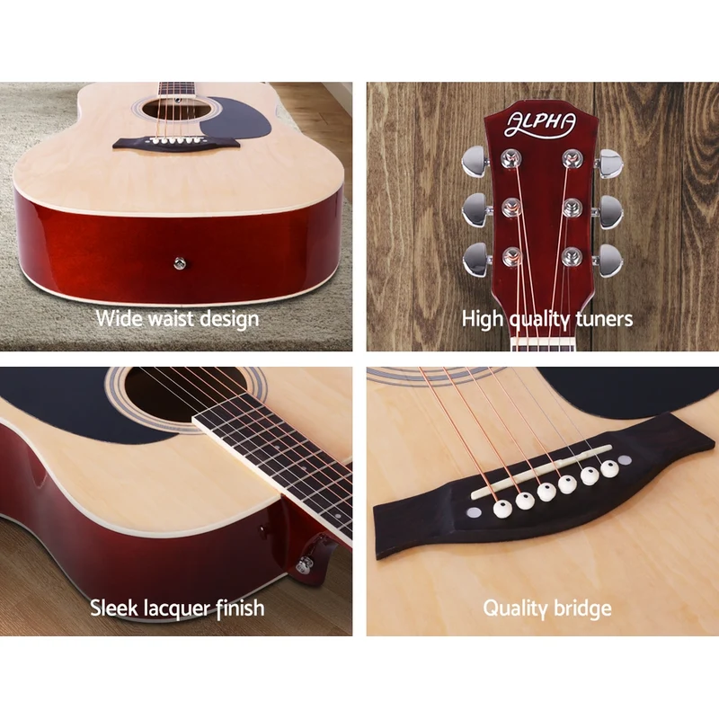 Alpha 41" Acoustic Guitar Wooden Body Steel String Dreadnought Stand Wood