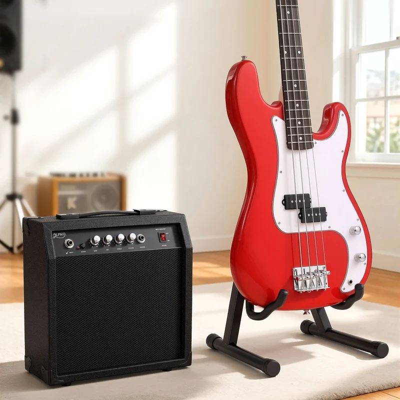 Alpha Electric Guitar Bass 47" Set Kit 40W Bass Guitar Amplifier Guitar Stand Folding