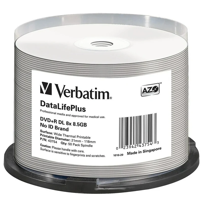 Verbatim – Cylindre de disques inscriptibles Datalifeplus 43754 DVD, DVD+R DL, 8X, 8,5 Go, 50/paq.