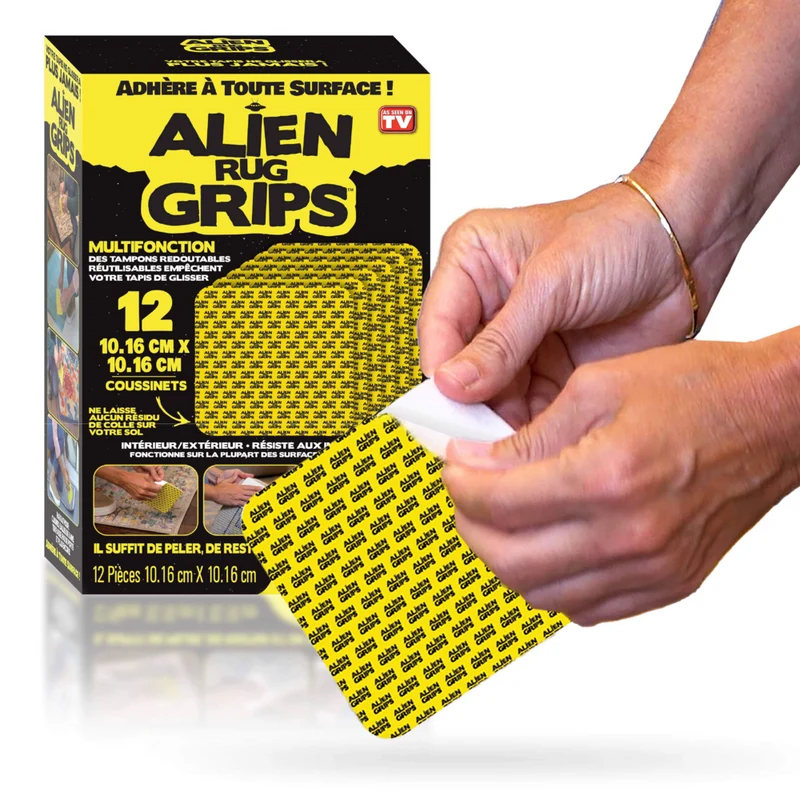 Alien Grips Reusable Double-Sided Anti-Slip Rug Gripper Pads for Area Rugs/Hard Floors - 4" x 4" - White - 12 Pack