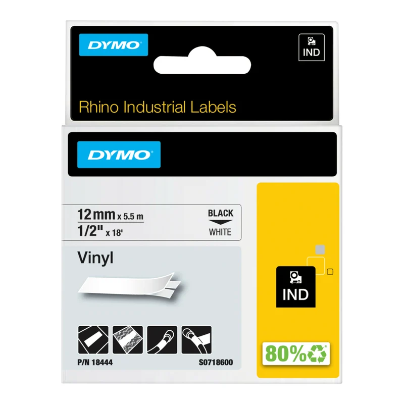 DYMO Rhino Label Tape, 12mm (1/2") Black on White Vinyl