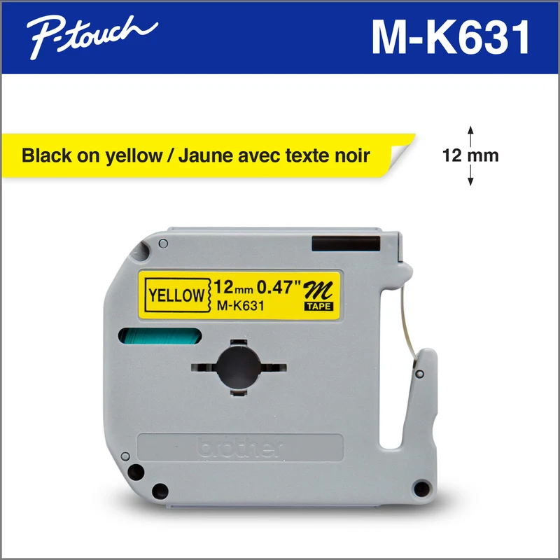 Brother Genuine MK631 Non-Laminated Tape for P-touch Label Makers - 12 mm wide x 8 m long - Black on Yellow