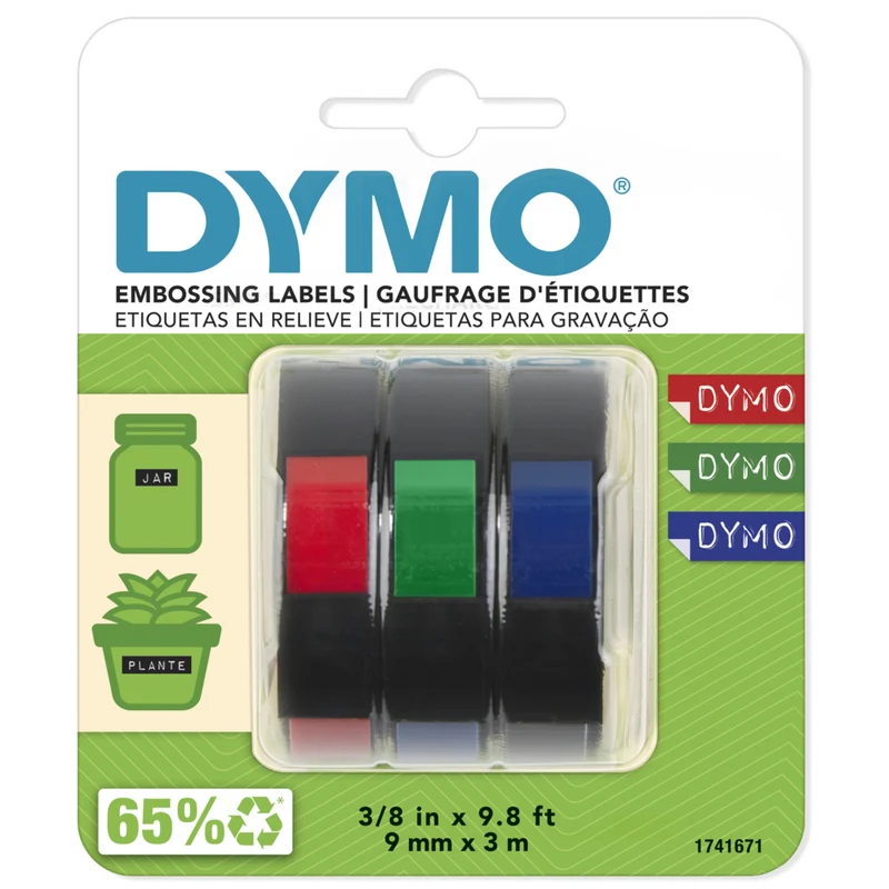 DYMO Labeller Tape, Glossy Vinyl Embossing Tape, Assorted, 3 Pack (1741671)
