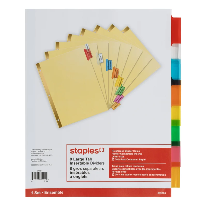 Staples - Grands intercalaires insérables - 8 onglets - couleurs variées