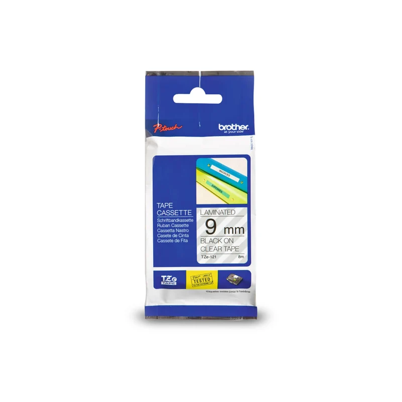 Brother Genuine TZe121 Laminated Tape for P-touch Label Makers - 9 mm wide x 8 m long - Black on Clear