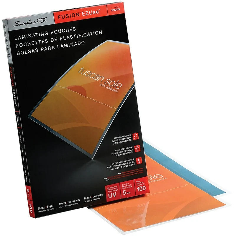 Swingline GBC Clear Fusion EZUse LongLife Speed Thermal Laminating Pouches - 5 mil - Menu - 100 Pack