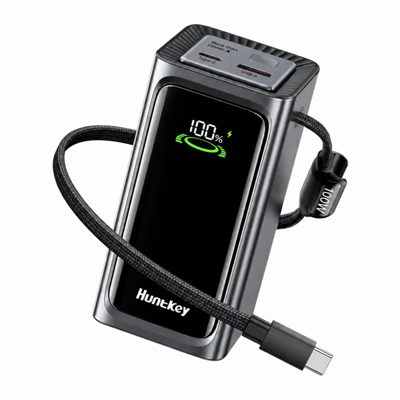 Huntkey 20,000mAh 100W USB-C Power Bank with Built-In Cable - Grey