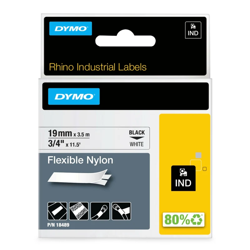 DYMO - Ruban d'étiquettes Rhino, 19 mm (3/4 po), nylon, noir sur blanc