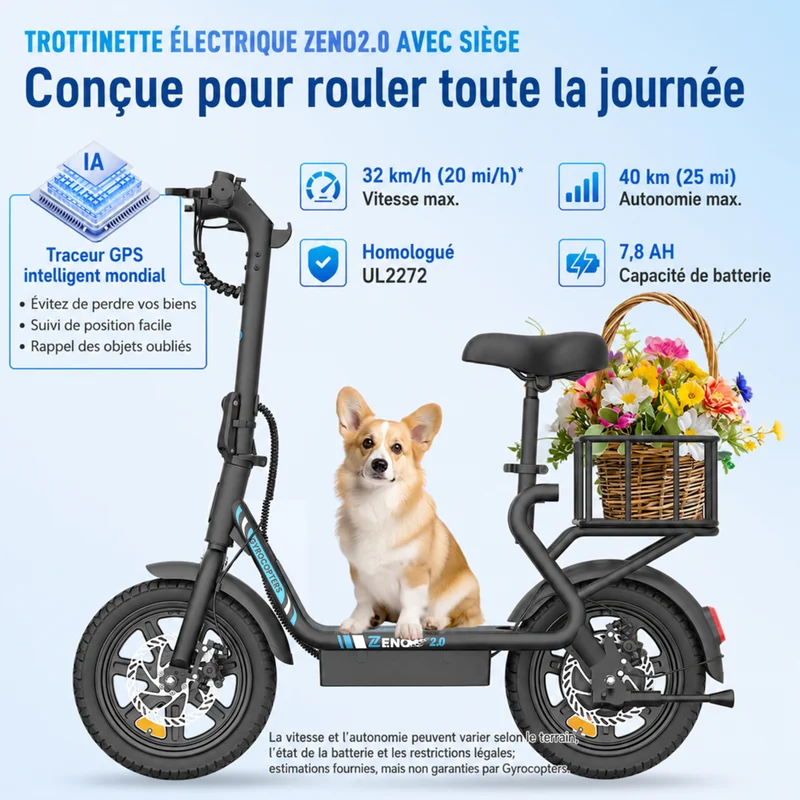 Gyrocopters - Trottinette électrique Zeno 2.0 pour adultes et adolescents - Vitesse 32 km/h - Autonomie 40 km - Application - Noir