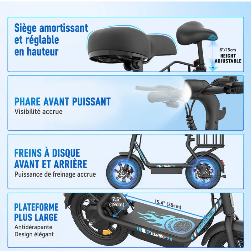Gyrocopters - Trottinette électrique Zeno 2.0 pour adultes et adolescents - Vitesse 32 km/h - Autonomie 40 km - Application - Noir