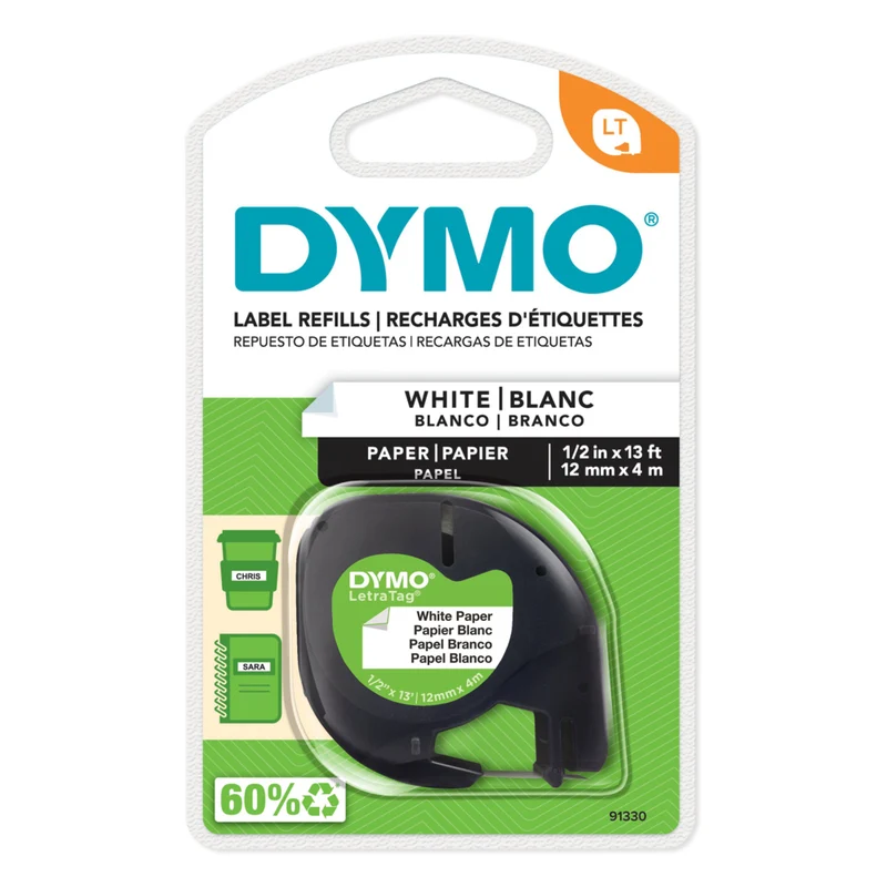 Dymo LetraTag Paper Label Tape - 12mm - Black on White