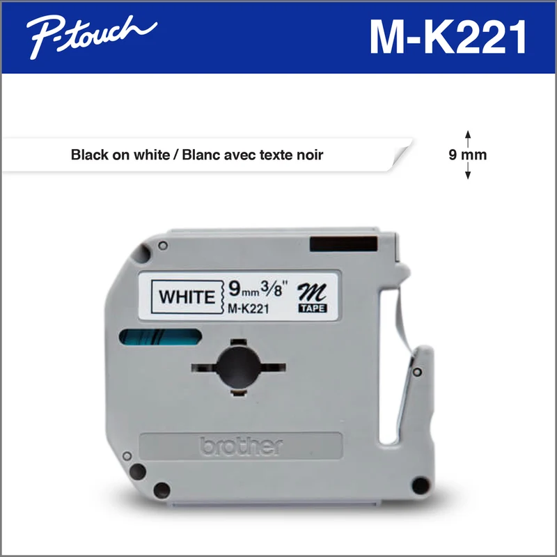 Brother Genuine MK221 Non-Laminated Tape for P-touch Label Makers - 9 mm wide x 8 m long - Black on White