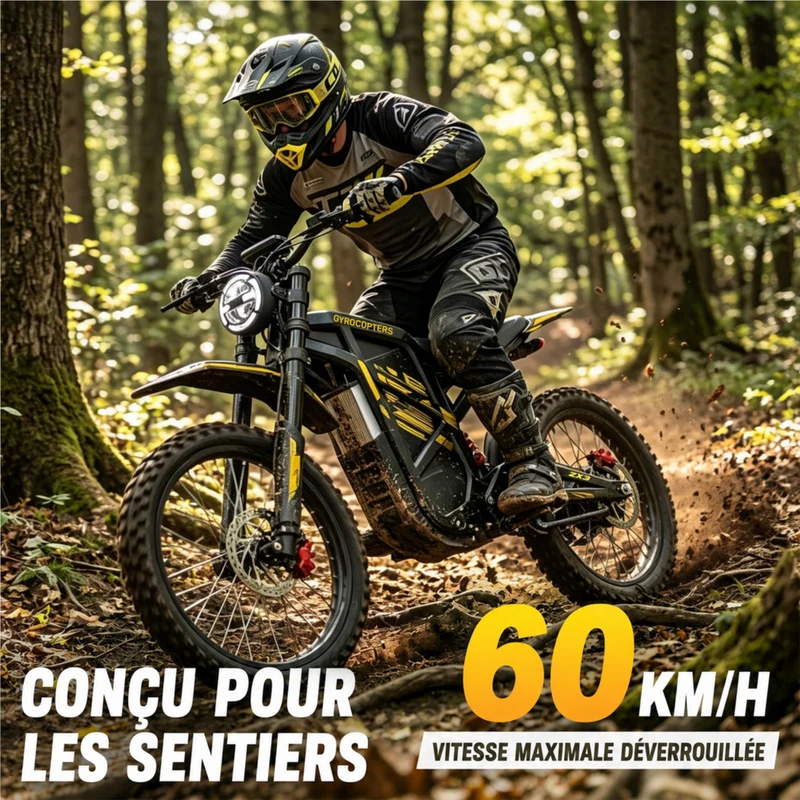 Gyrocopters - Moto électrique tout-terrain pour adultes ZX3 - Vitesse 60 km/h, autonomie 161 km - Jaune