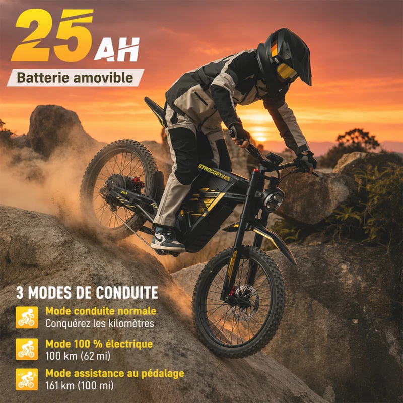 Gyrocopters - Moto électrique tout-terrain pour adultes ZX3 - Vitesse 60 km/h, autonomie 161 km - Jaune