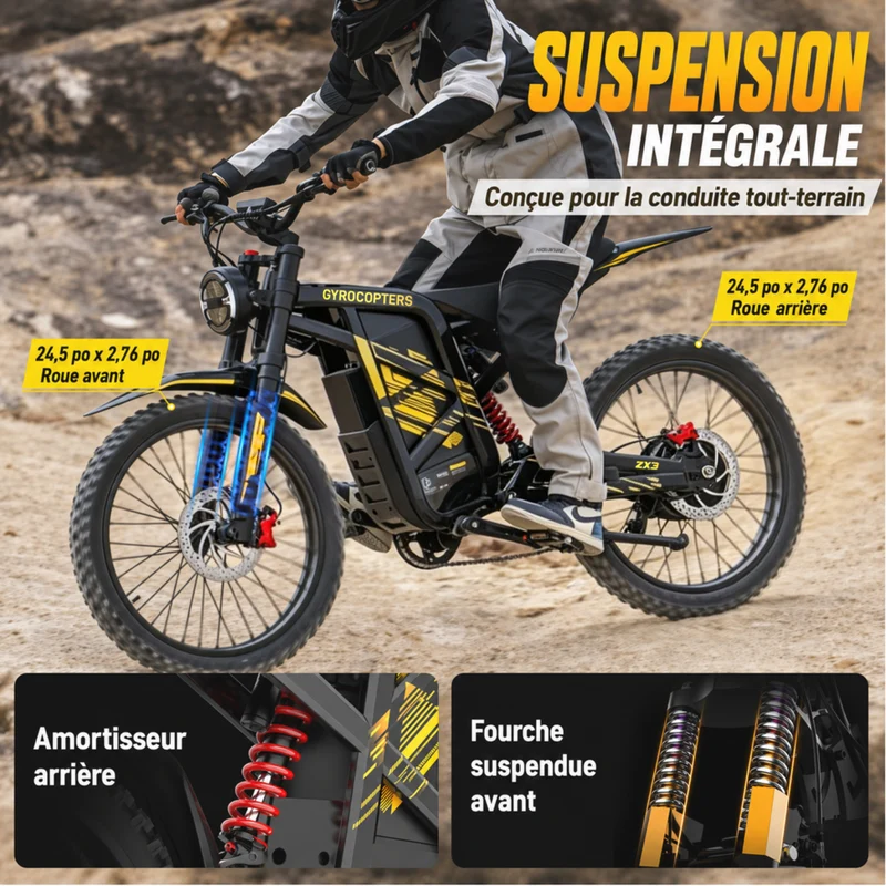 Gyrocopters - Moto électrique tout-terrain pour adultes ZX3 - Vitesse 60 km/h, autonomie 161 km - Jaune