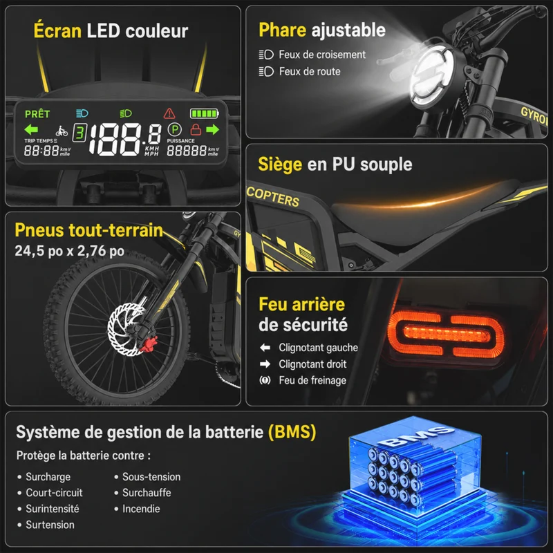 Gyrocopters - Moto électrique tout-terrain pour adultes ZX3 - Vitesse 60 km/h, autonomie 161 km - Jaune
