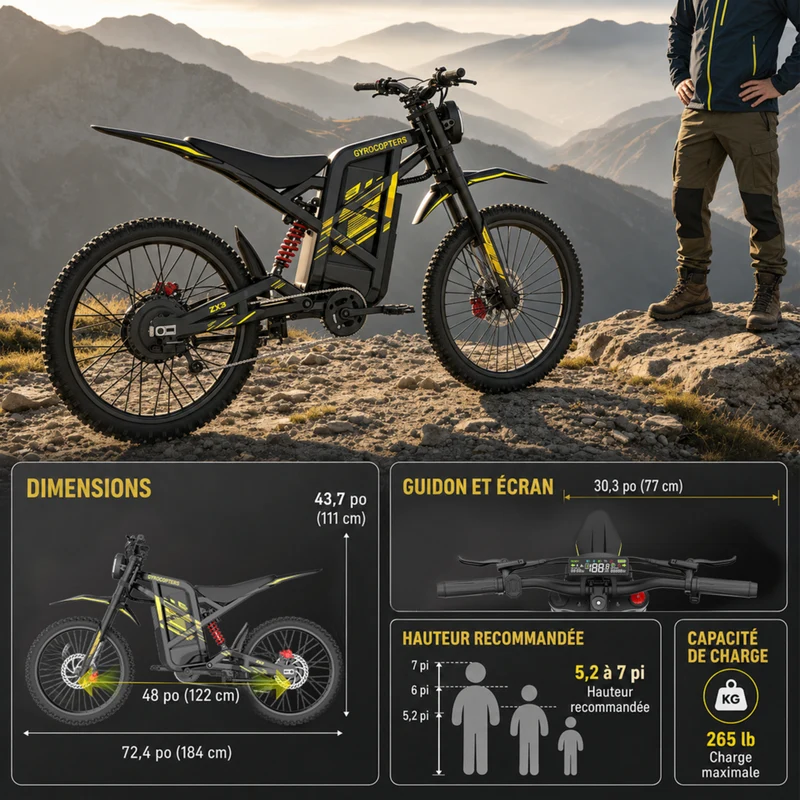 Gyrocopters - Moto électrique tout-terrain pour adultes ZX3 - Vitesse 60 km/h, autonomie 161 km - Jaune