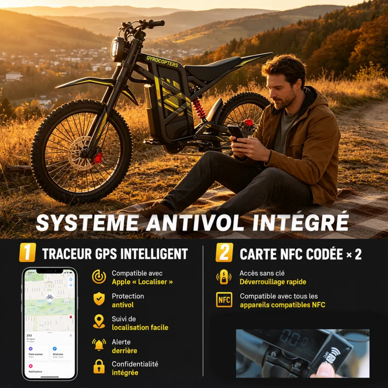 Gyrocopters - Moto électrique tout-terrain pour adultes ZX3 - Vitesse 60 km/h, autonomie 161 km - Jaune