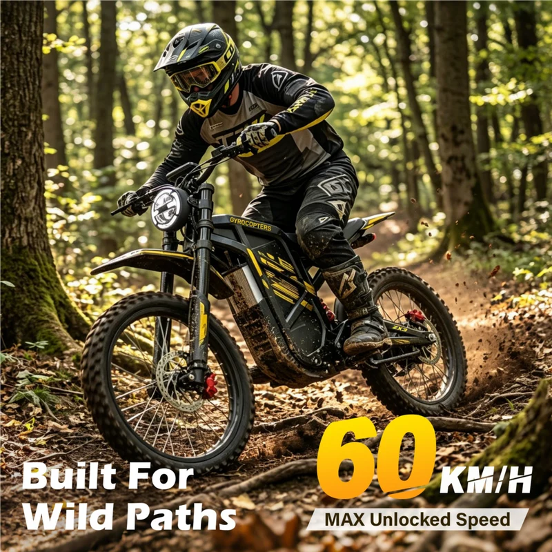 Gyrocopters ZX3 Electric Dirt Bike for Adults - Speed upto 60 kmph - PAS Range upto 161 km - Peak 2800W - 24" - Yellow