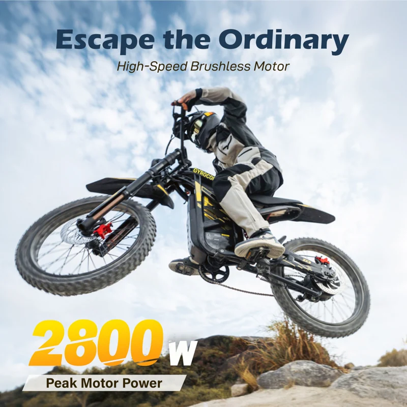 Gyrocopters ZX3 Electric Dirt Bike for Adults - Speed upto 60 kmph - PAS Range upto 161 km - Peak 2800W - 24" - Yellow