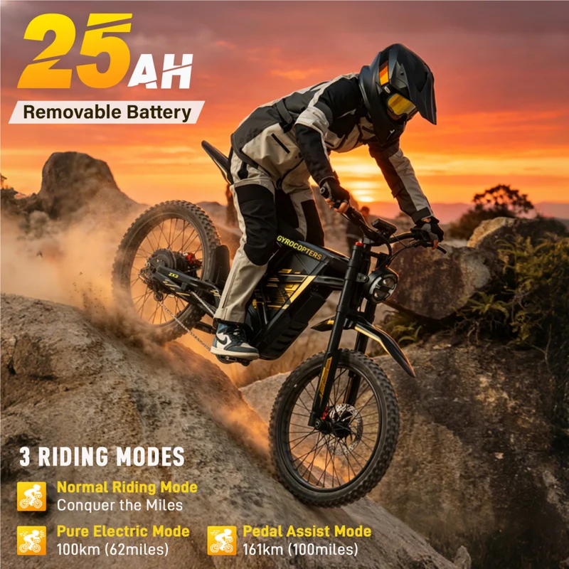 Gyrocopters ZX3 Electric Dirt Bike for Adults - Speed upto 60 kmph - PAS Range upto 161 km - Peak 2800W - 24" - Yellow
