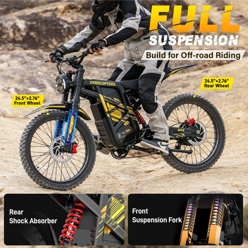 Gyrocopters ZX3 Electric Dirt Bike for Adults - Speed upto 60 kmph - PAS Range upto 161 km - Peak 2800W - 24" - Yellow