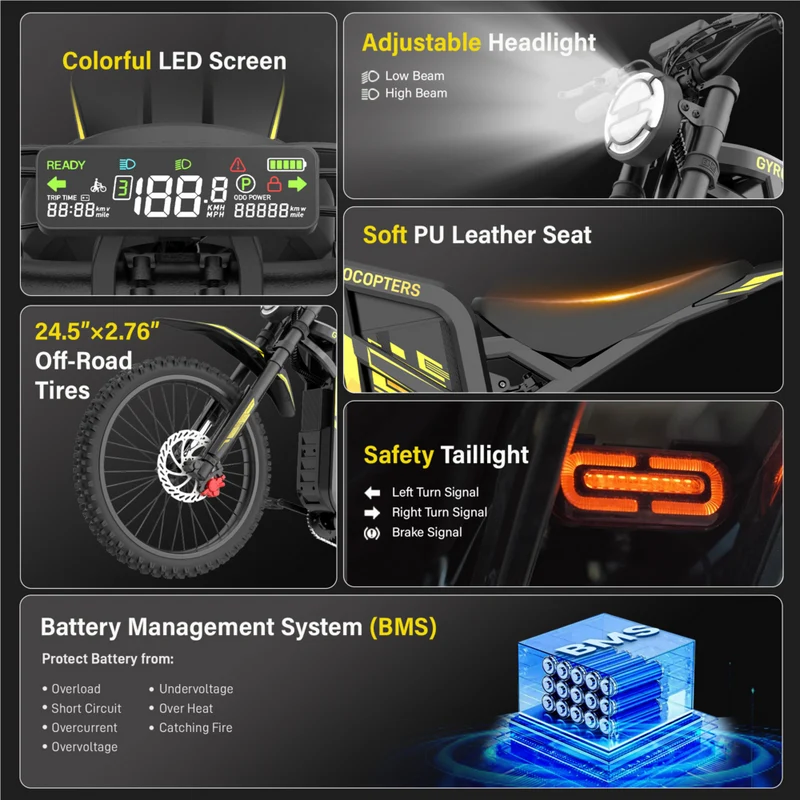 Gyrocopters ZX3 Electric Dirt Bike for Adults - Speed upto 60 kmph - PAS Range upto 161 km - Peak 2800W - 24" - Yellow