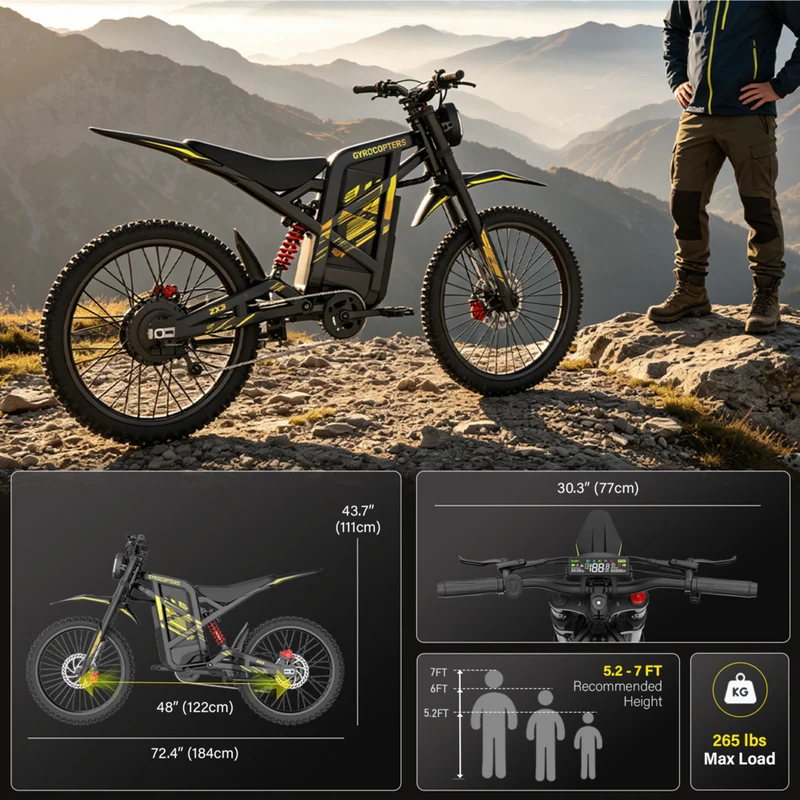 Gyrocopters ZX3 Electric Dirt Bike for Adults - Speed upto 60 kmph - PAS Range upto 161 km - Peak 2800W - 24" - Yellow