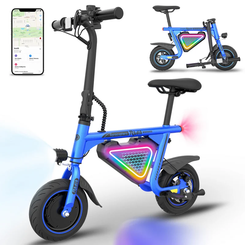 Gyrocopters - Trottinette électrique pour enfants Radi8 - Vitesse 25 km/h - Autonomie 20 km - Éclairage LED - Bleu
