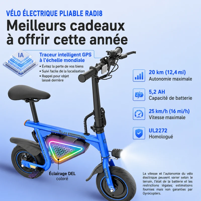 Gyrocopters - Trottinette électrique pour enfants Radi8 - Vitesse 25 km/h - Autonomie 20 km - Éclairage LED - Bleu