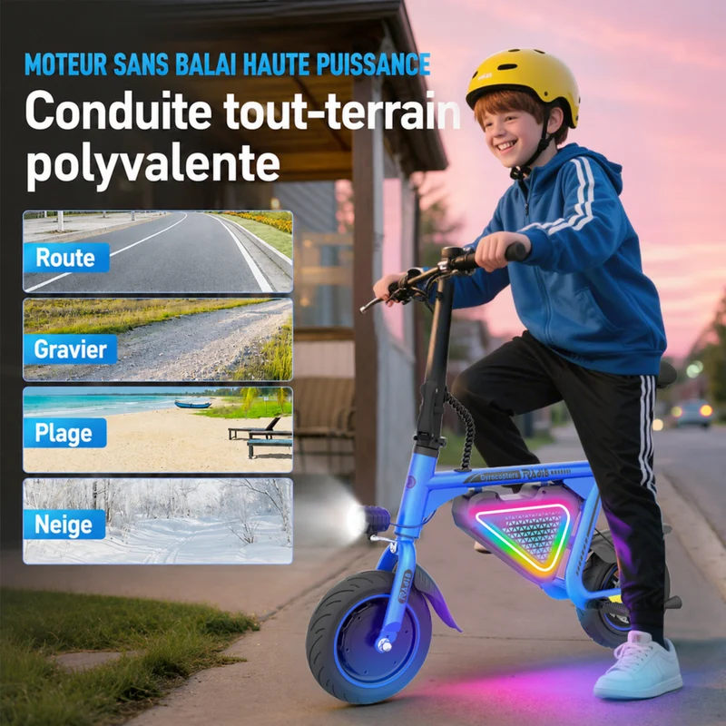 Gyrocopters - Trottinette électrique pour enfants Radi8 - Vitesse 25 km/h - Autonomie 20 km - Éclairage LED - Bleu
