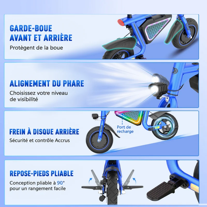 Gyrocopters - Trottinette électrique pour enfants Radi8 - Vitesse 25 km/h - Autonomie 20 km - Éclairage LED - Bleu