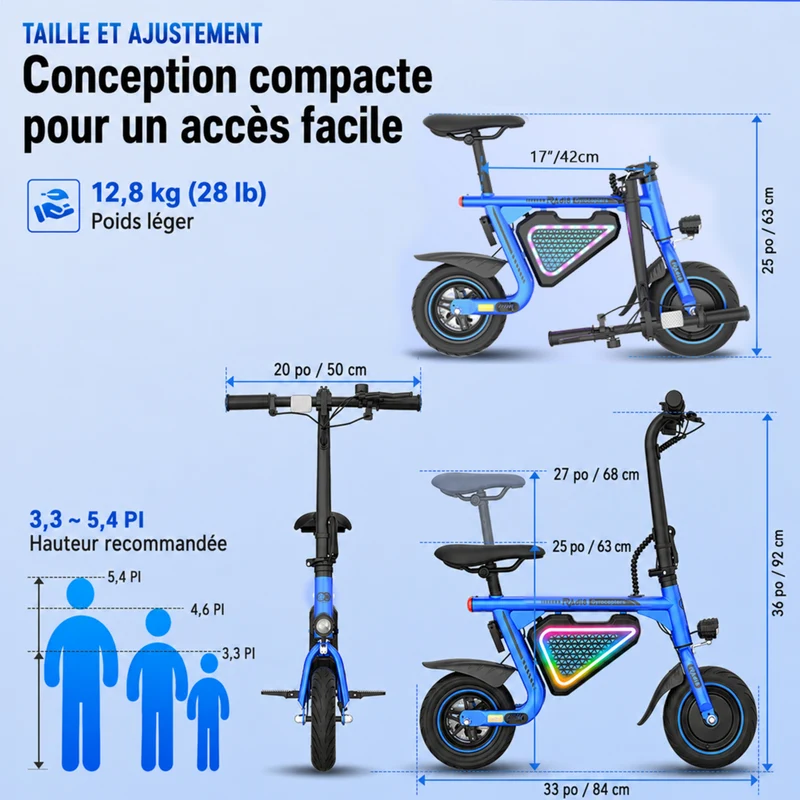 Gyrocopters - Trottinette électrique pour enfants Radi8 - Vitesse 25 km/h - Autonomie 20 km - Éclairage LED - Bleu