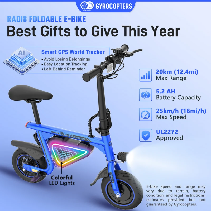 Gyrocopters Radi8 Electric Scooter for Kids - Speed 25 kmph - Range 20 km - LED Lights - Blue