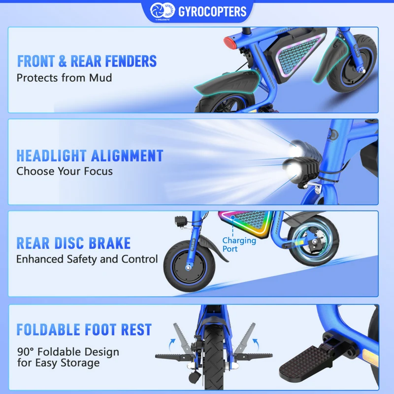 Gyrocopters Radi8 Electric Scooter for Kids - Speed 25 kmph - Range 20 km - LED Lights - Blue